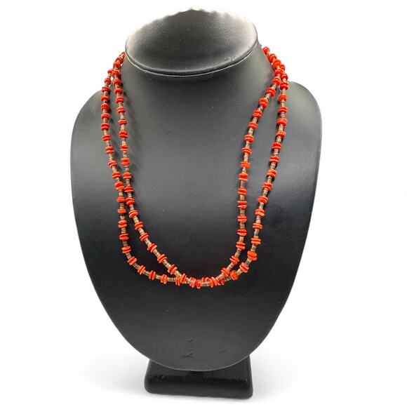 J. Forks Small Nugget Red Coral and Brown Pin Shell Double-strand Necklace 18” - Picture 4 of 4